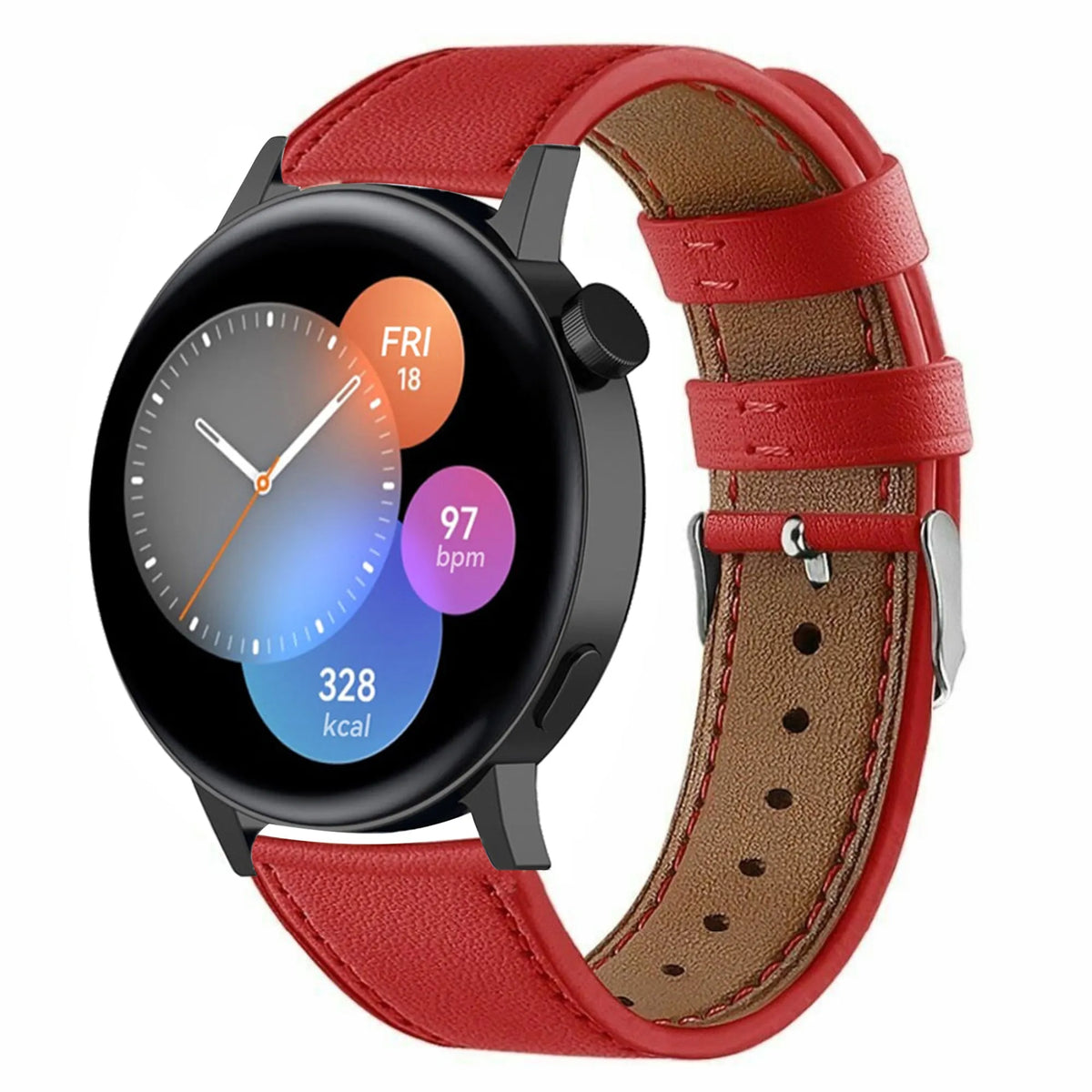 Modern Leather Strap, red, on a watch, 3/4 front view