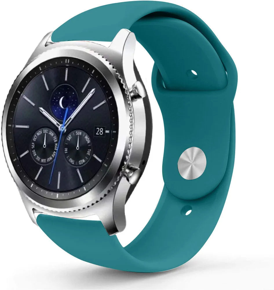 Silicone Sport Strap, green-blue, on a watch, 3/4 front view