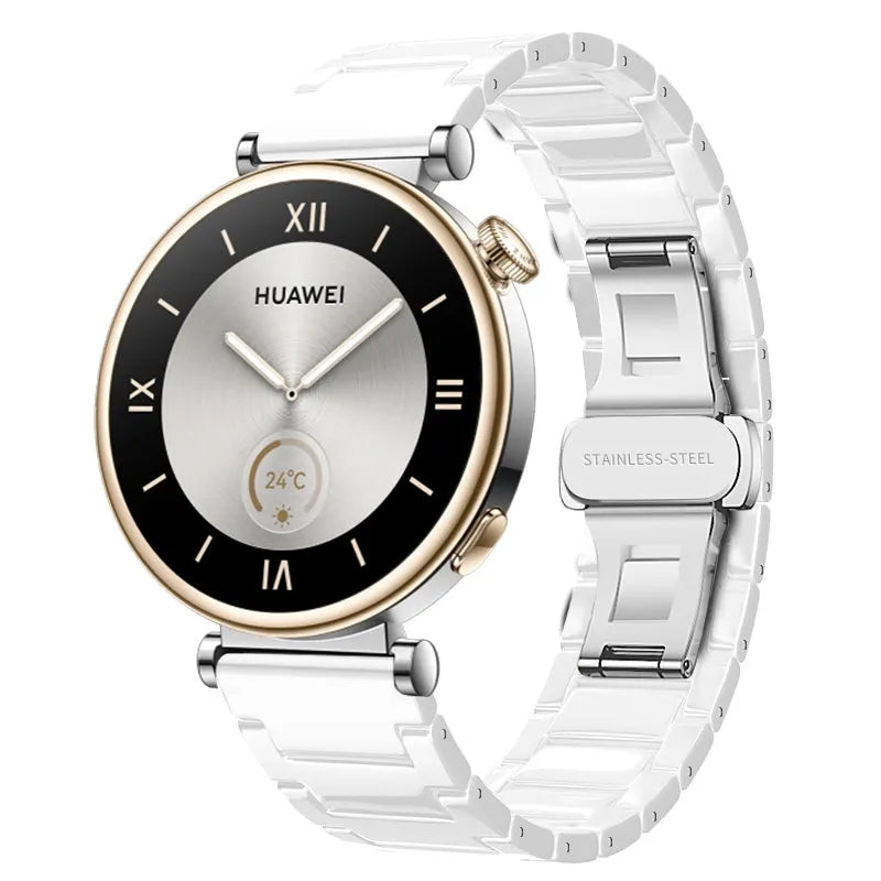 Metal Ceramic Strap, white, on a watch, 3/4 front view