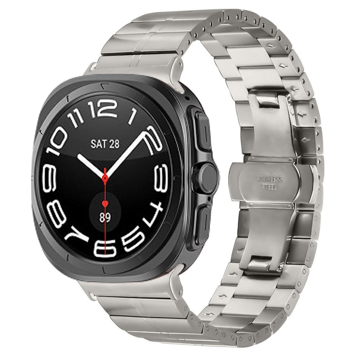 Premium Metal Strap, titanium, on a watch, 3/4 front view