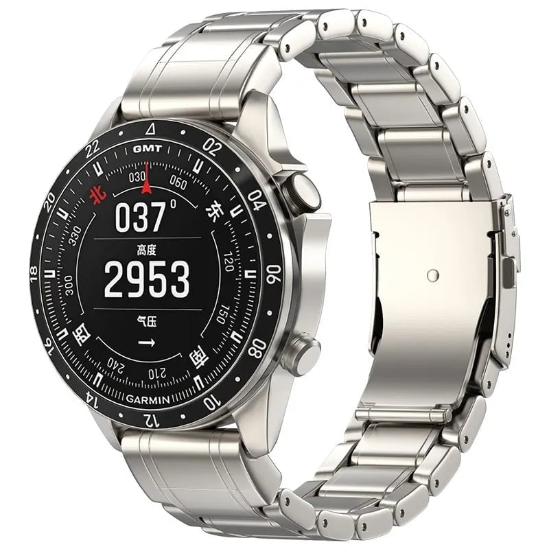 Premium Titanium Strap, on a watch, 3/4 front view
