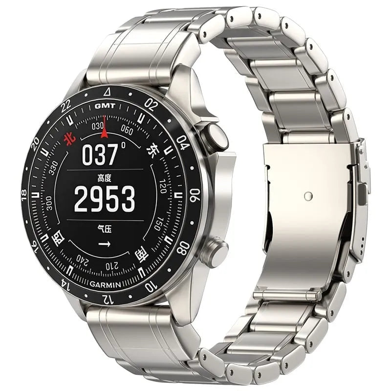 Premium Titanium Strap, on a watch, 3/4 front view