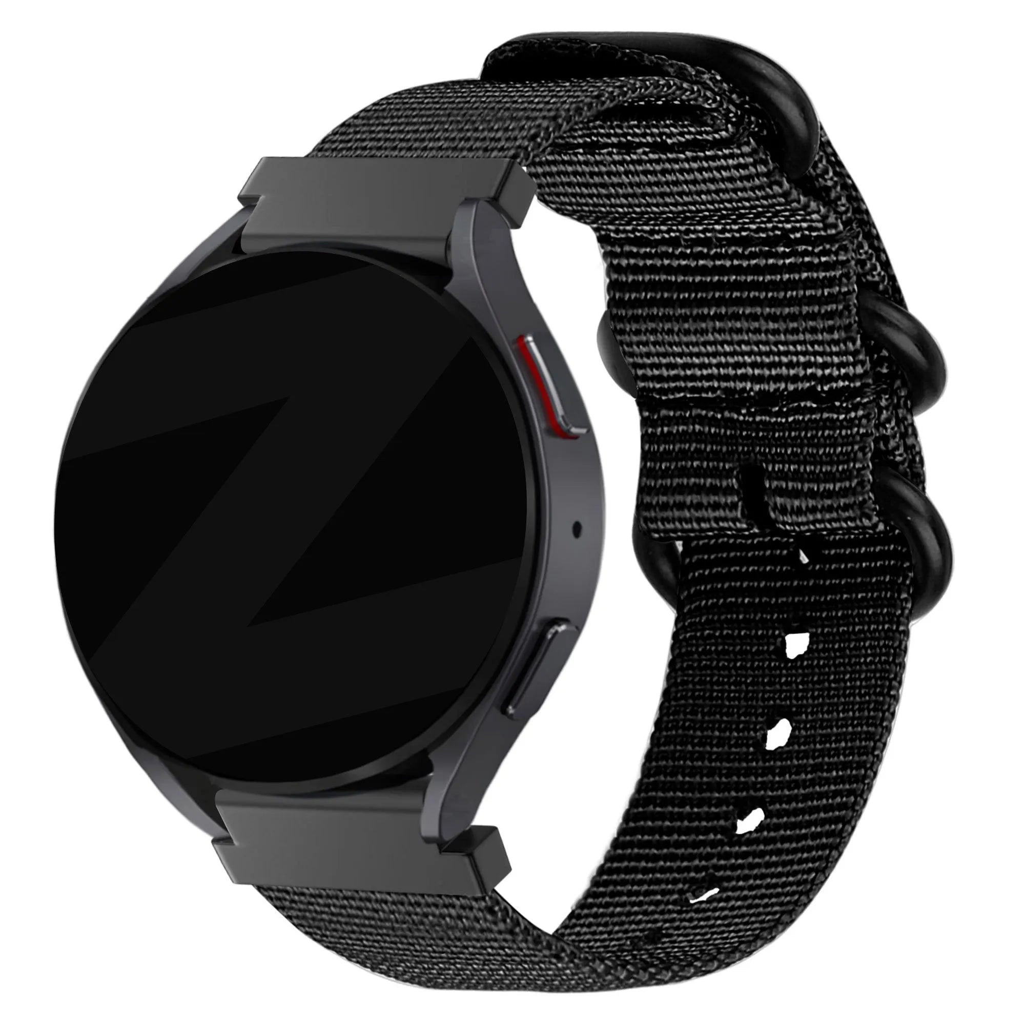 Buckled Nylon Strap, black, on a watch, 3/4 front view