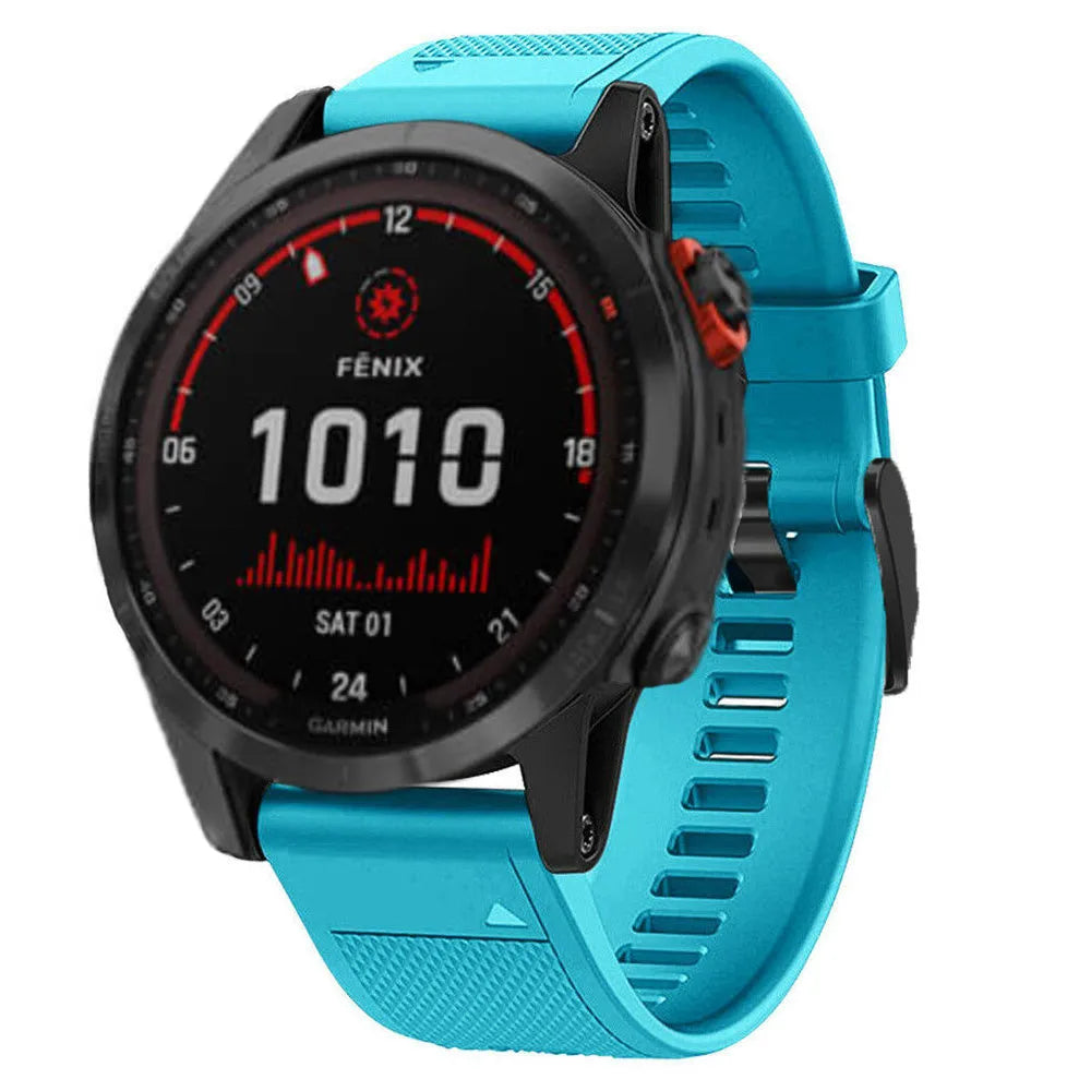 Silicone Strap, light blue, on a watch, 3/4 front view