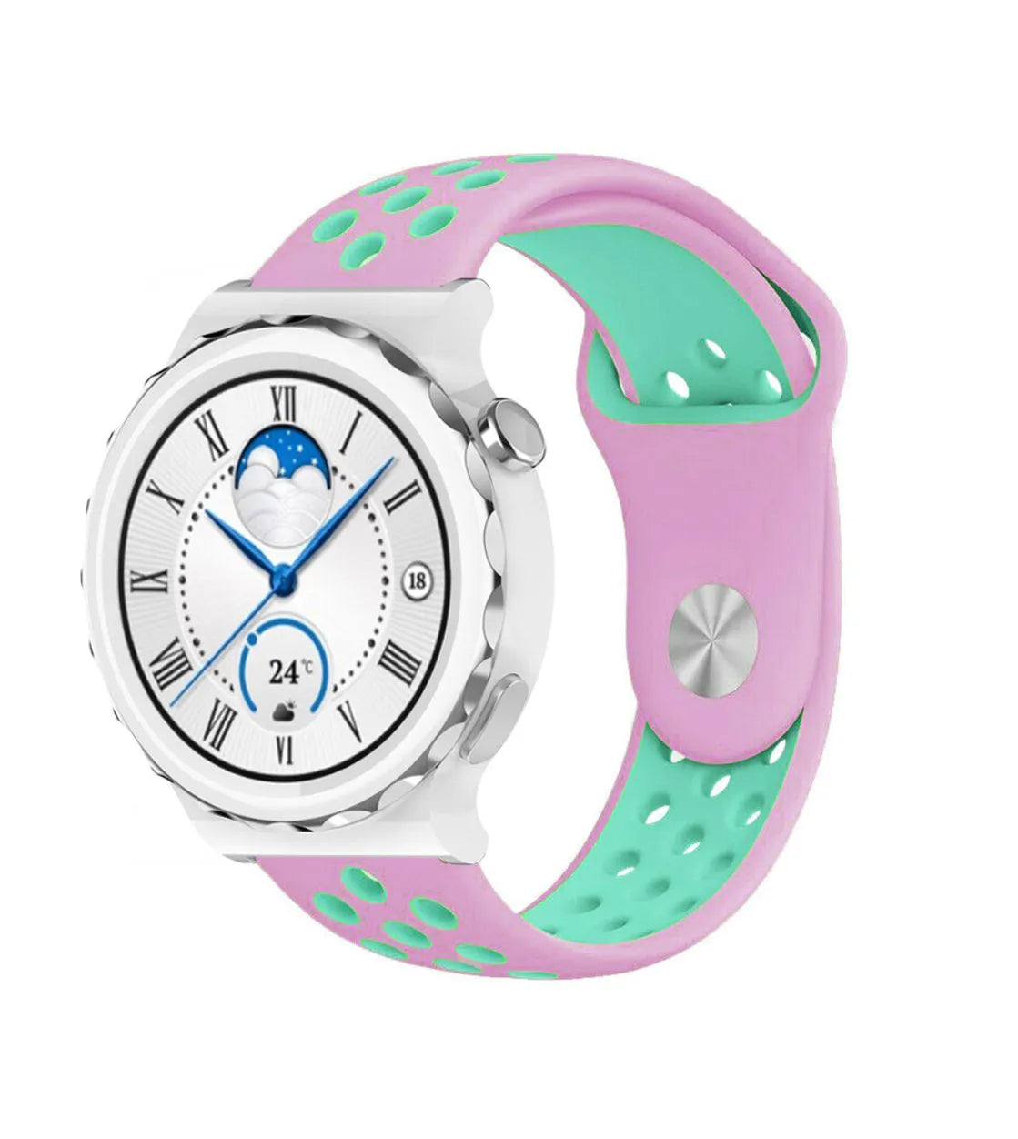 Silicone Sport Strap, pink/aqua, on a watch, 3/4 front view