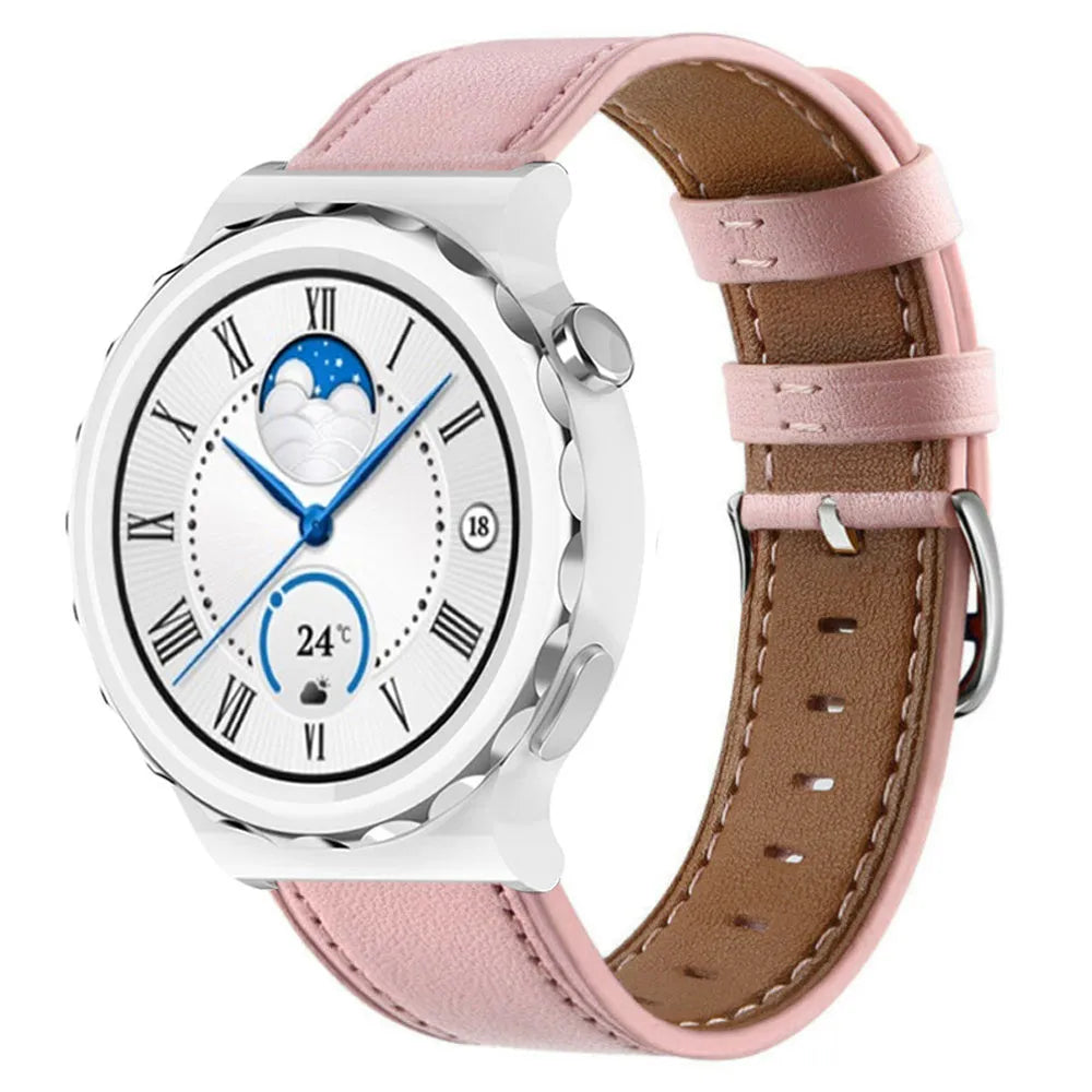Modern Leather Strap, pink, on a watch, 3/4 front view
