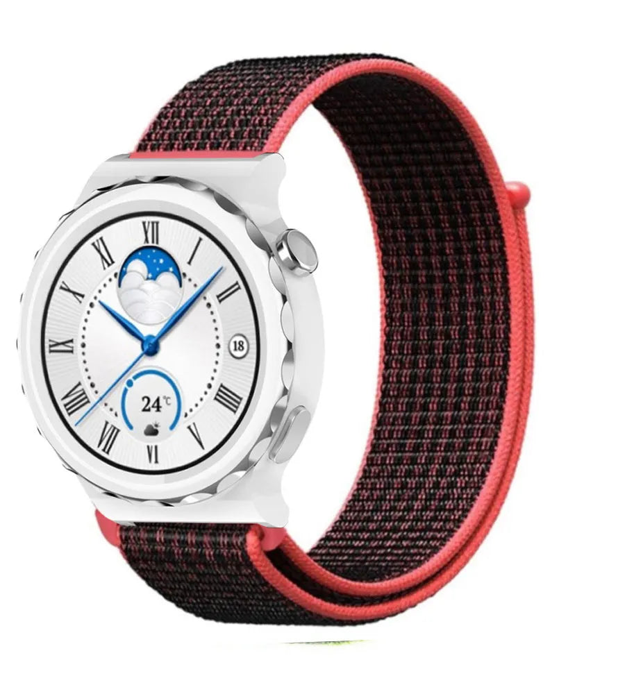 Nylon Strap, black/coral, on a watch, 3/4 front view