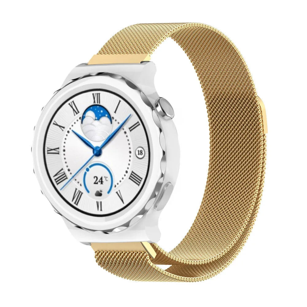 Milanese Strap, gold, on a watch, 3/4 front view