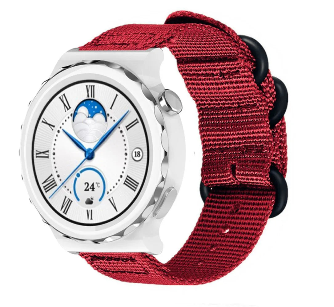 Nylon Buckle Strap, red, on a watch, 3/4 front view