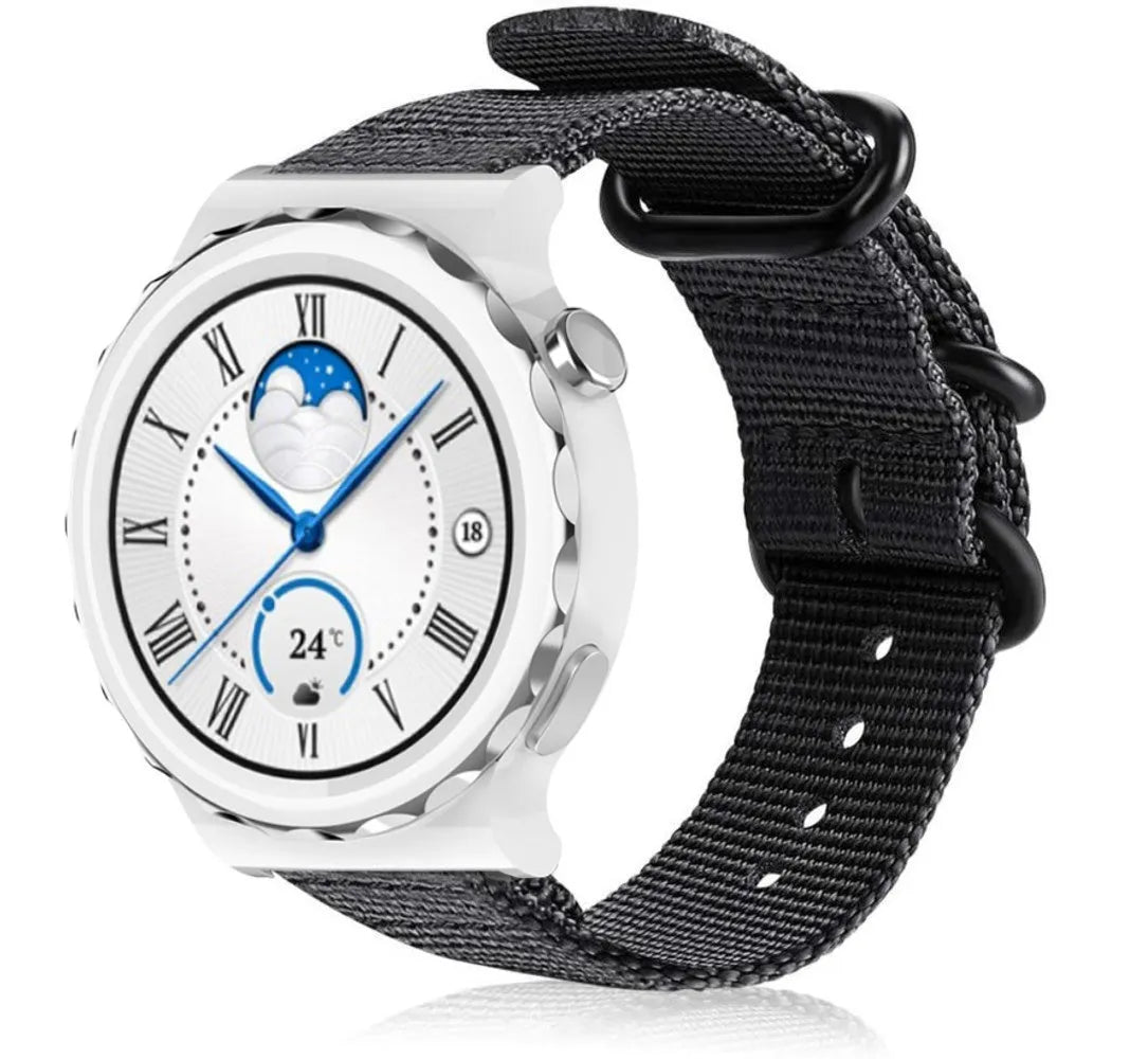 Nylon Buckle Strap, black, on a watch, 3/4 front view