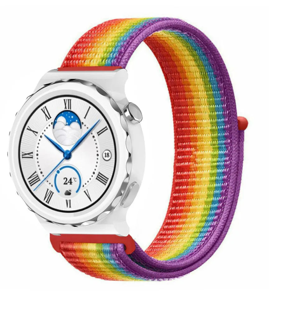 Nylon Strap, rainbow, on a watch, 3/4 front view