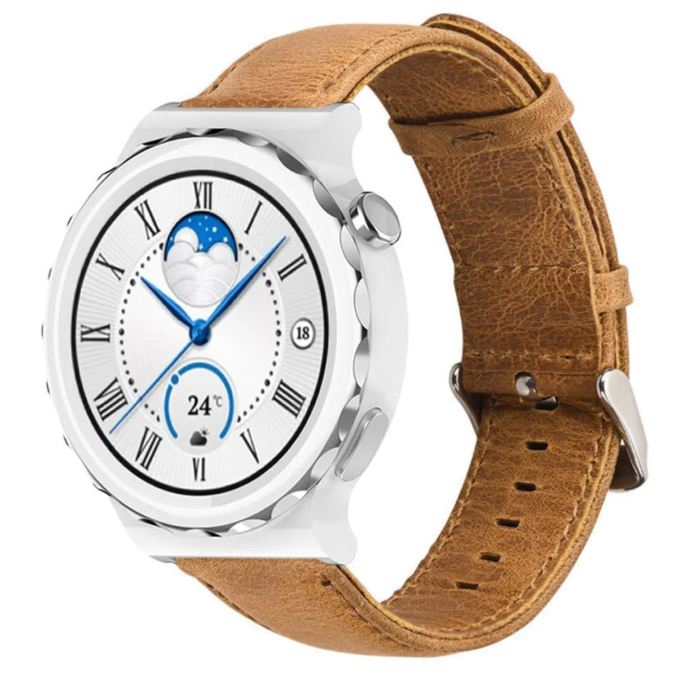 Leather Strap, brown, on a watch, 3/4 front view