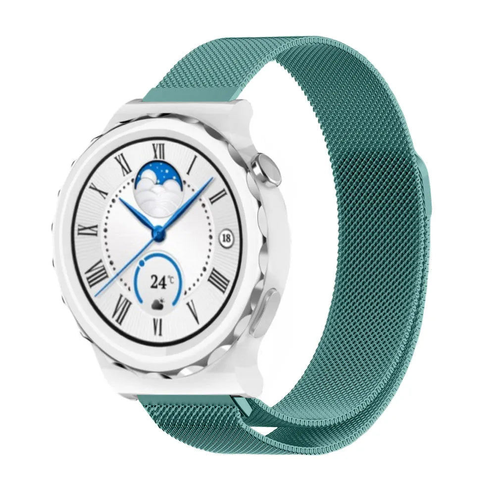 Milanese Strap, green, on a watch, 3/4 front view
