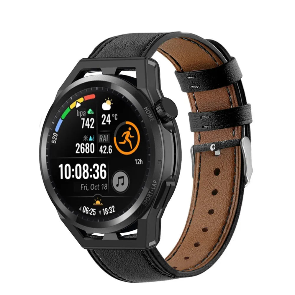 Modern Leather Strap, black, on a watch, 3/4 front view