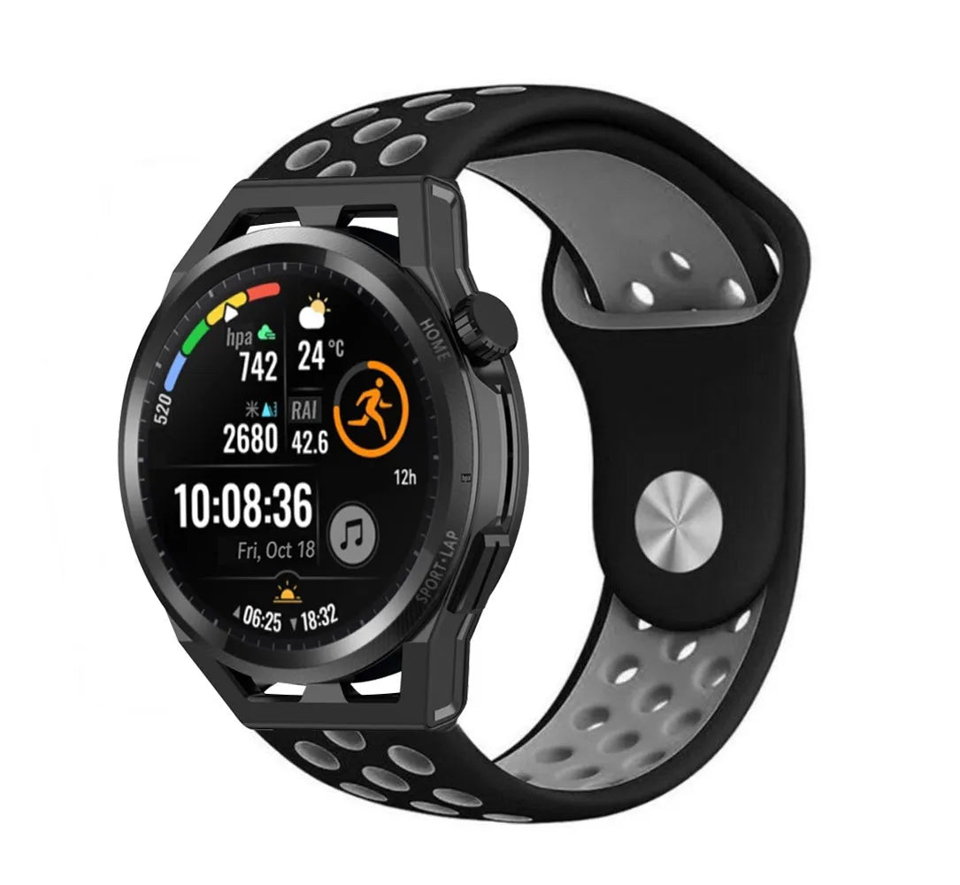 Silicone Sport Strap, black/grey, on a watch, 3/4 front view