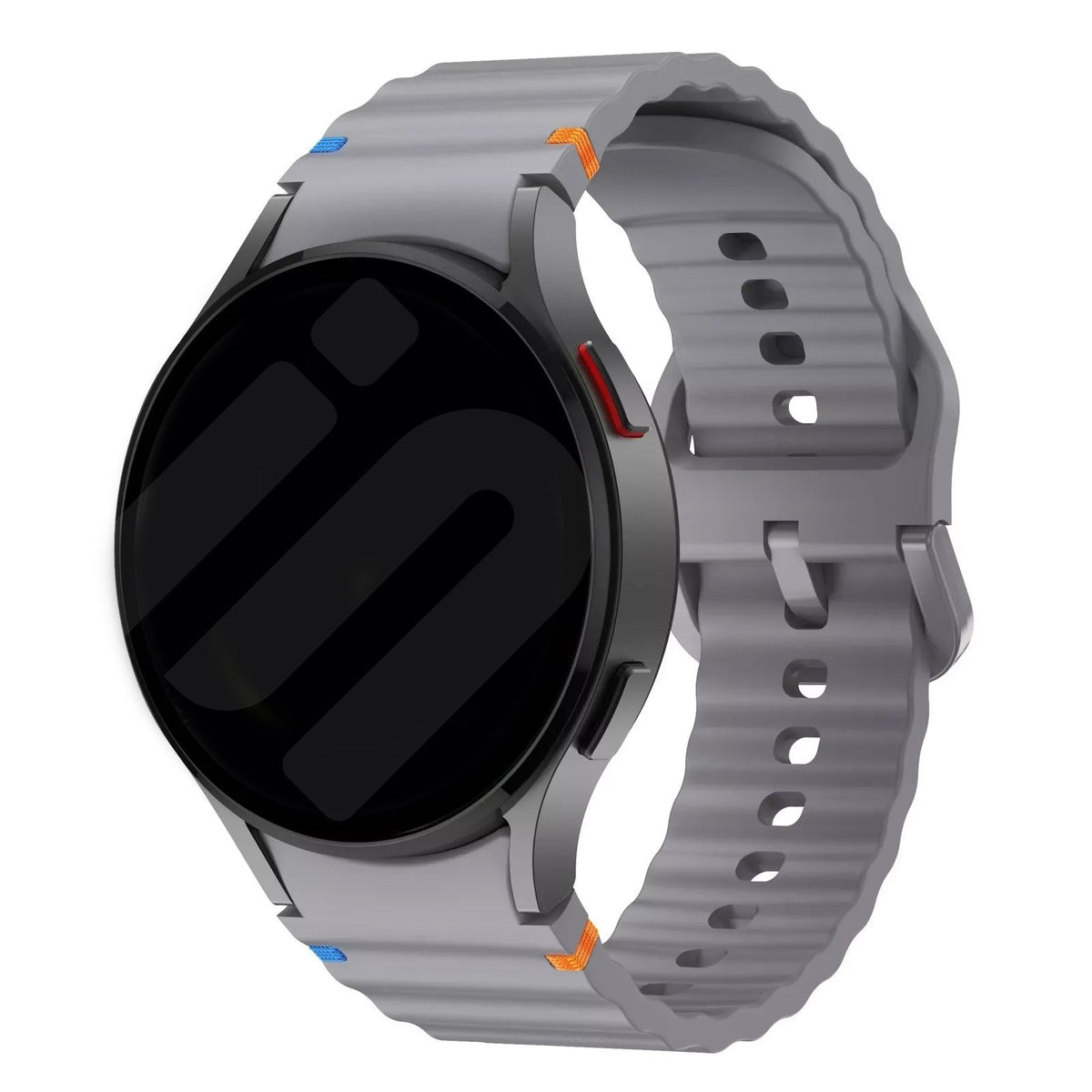 Wave Silicone Strap, dark grey, on a watch, 3/4 front view