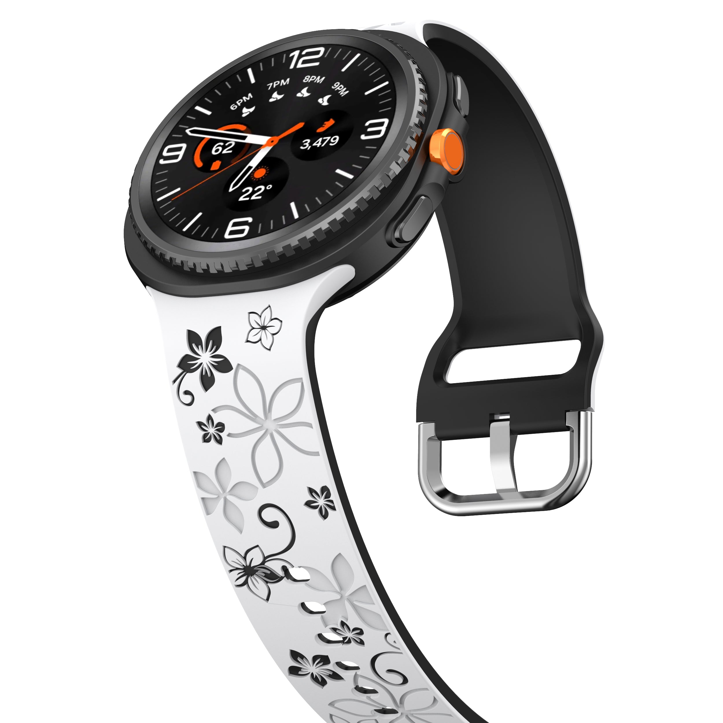 Samsung Galaxy Watch 8 Classic Silikonarmband mit Blumenmuster (Weiß/Schwarz)