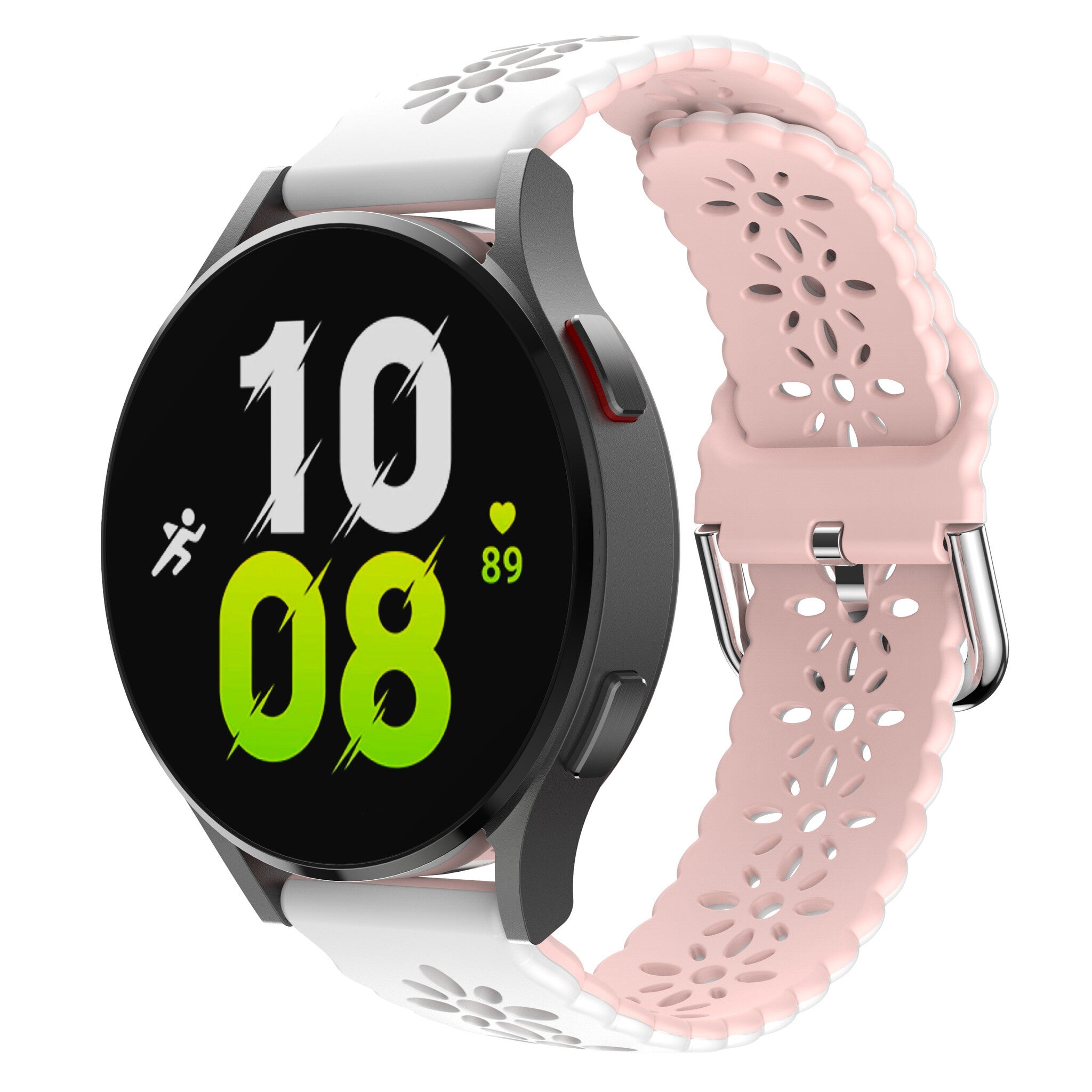 Patterned Silicone Strap, white/pink, on a watch, 3/4 front view