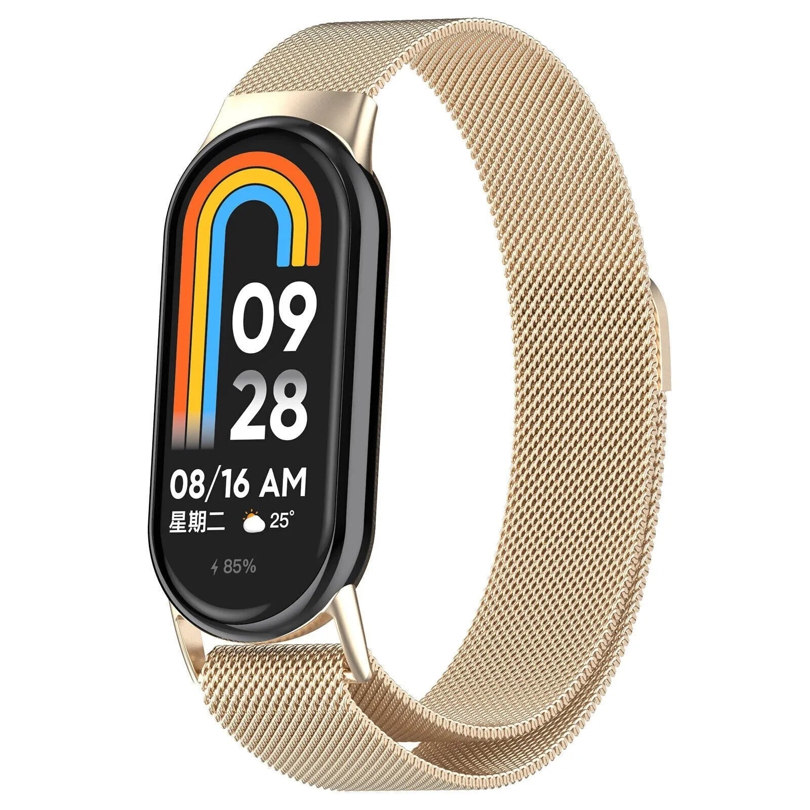 Milanese Strap, champagne, on a watch, 3/4 front view