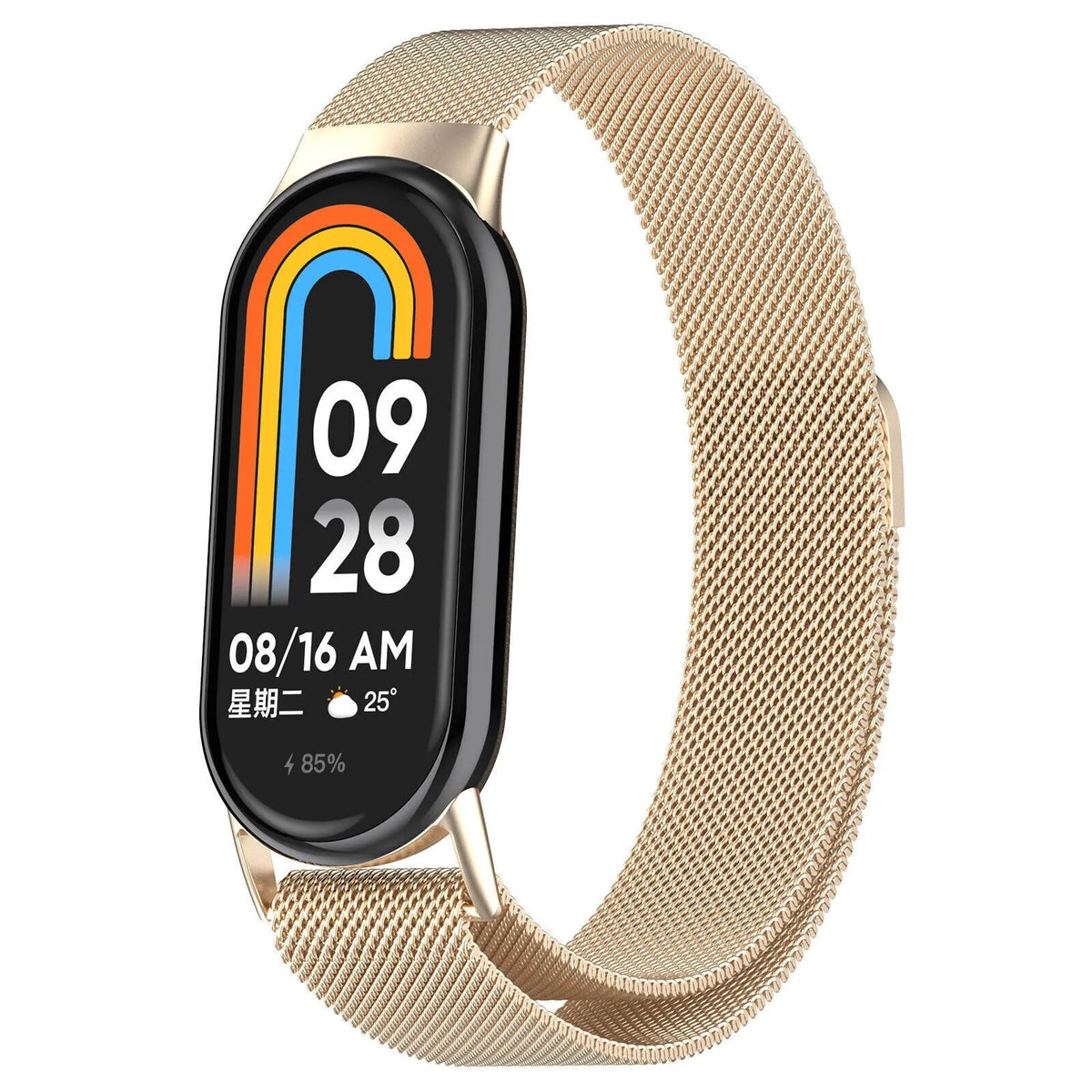 Milanese Strap, champagne, on a watch, 3/4 front view