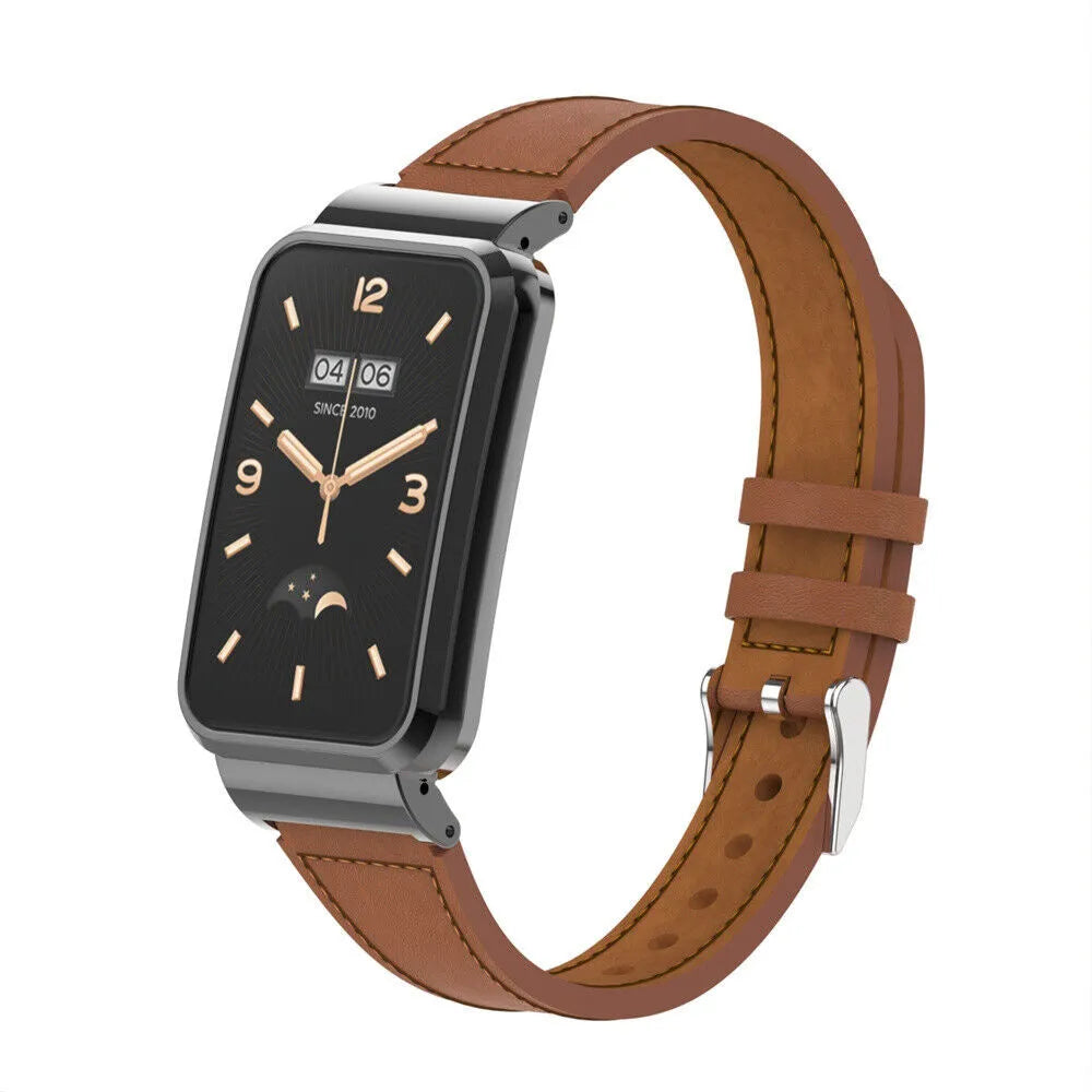 Leather Strap, brown, on a watch, 3/4 front view