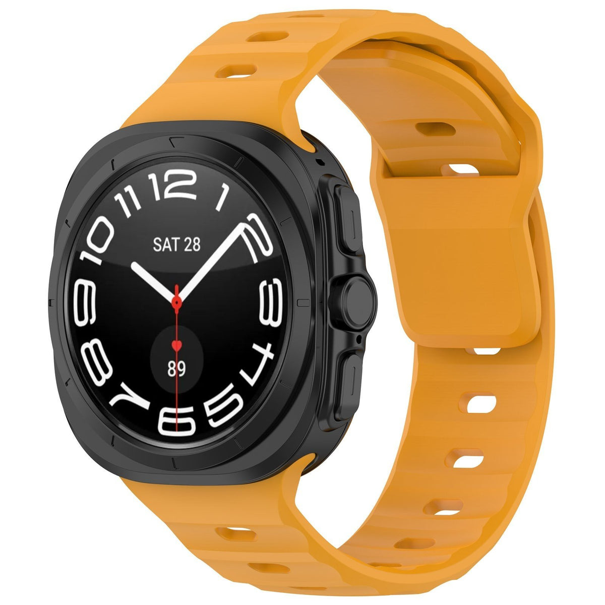 Outdoor Silicone Strap, orange/yellow, on a watch, 3/4 front view