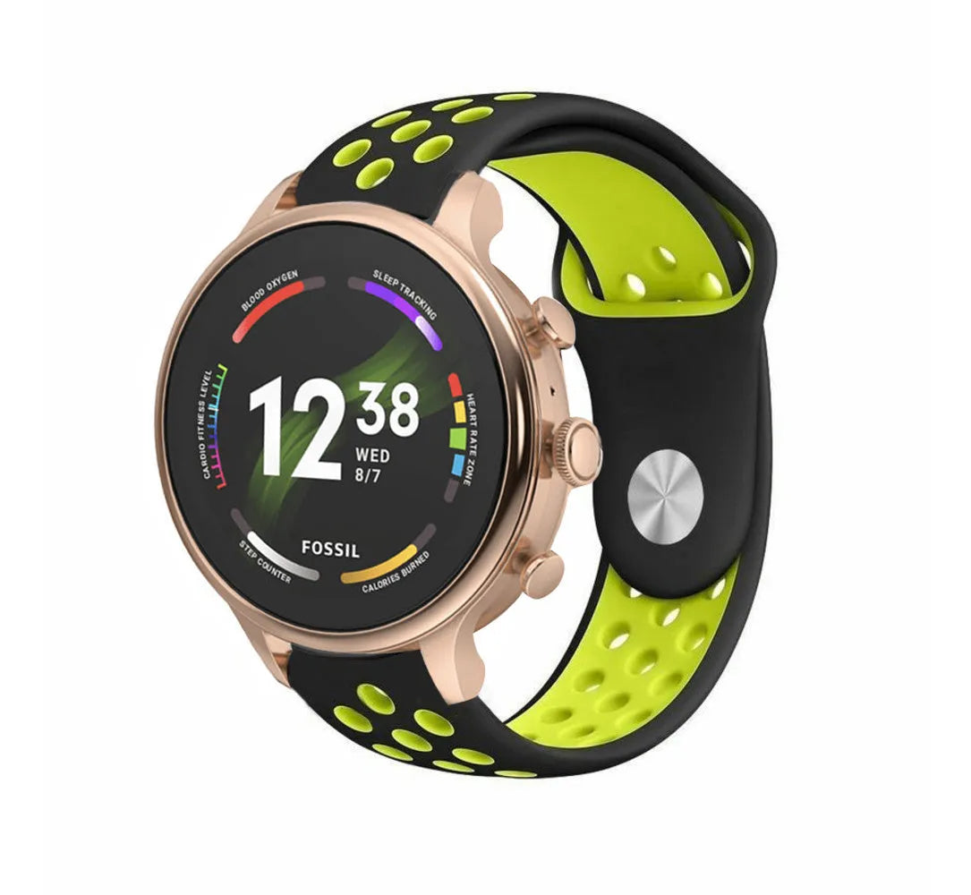 Silicone Sport Strap, black/yellow, on a watch, 3/4 front view