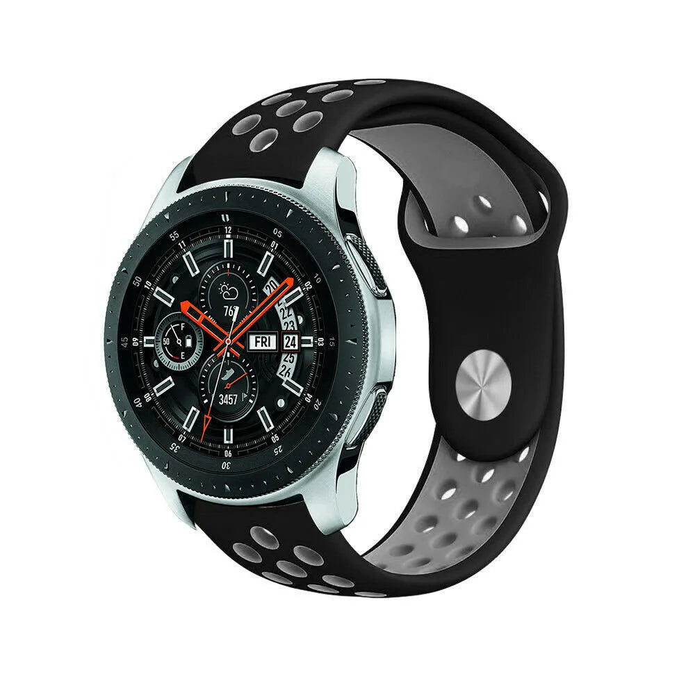 Silicone Sport Strap, black/grey, on a watch, 3/4 front view