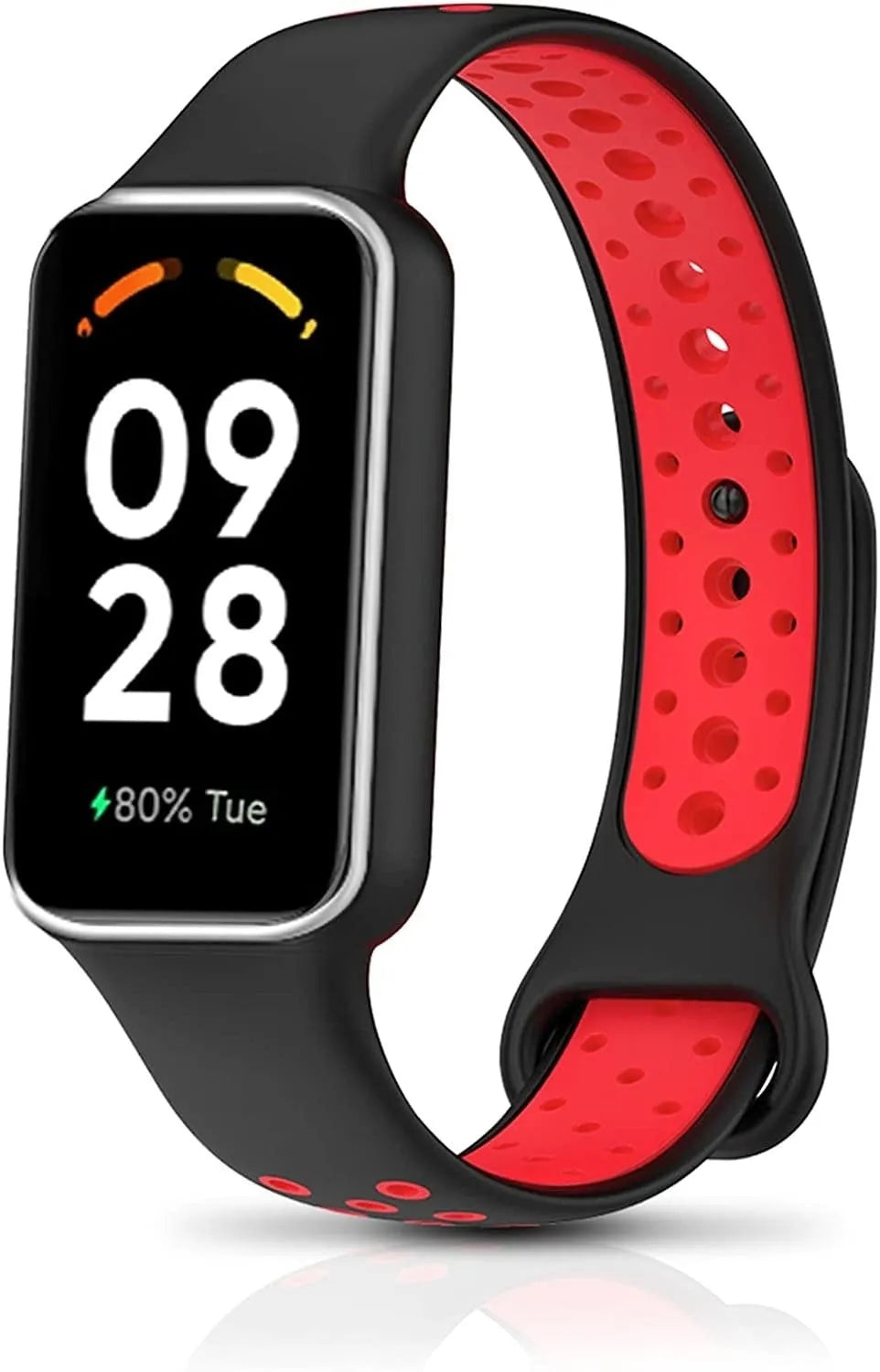 Silicone Sport Strap, black/red, on a watch, 3/4 front view