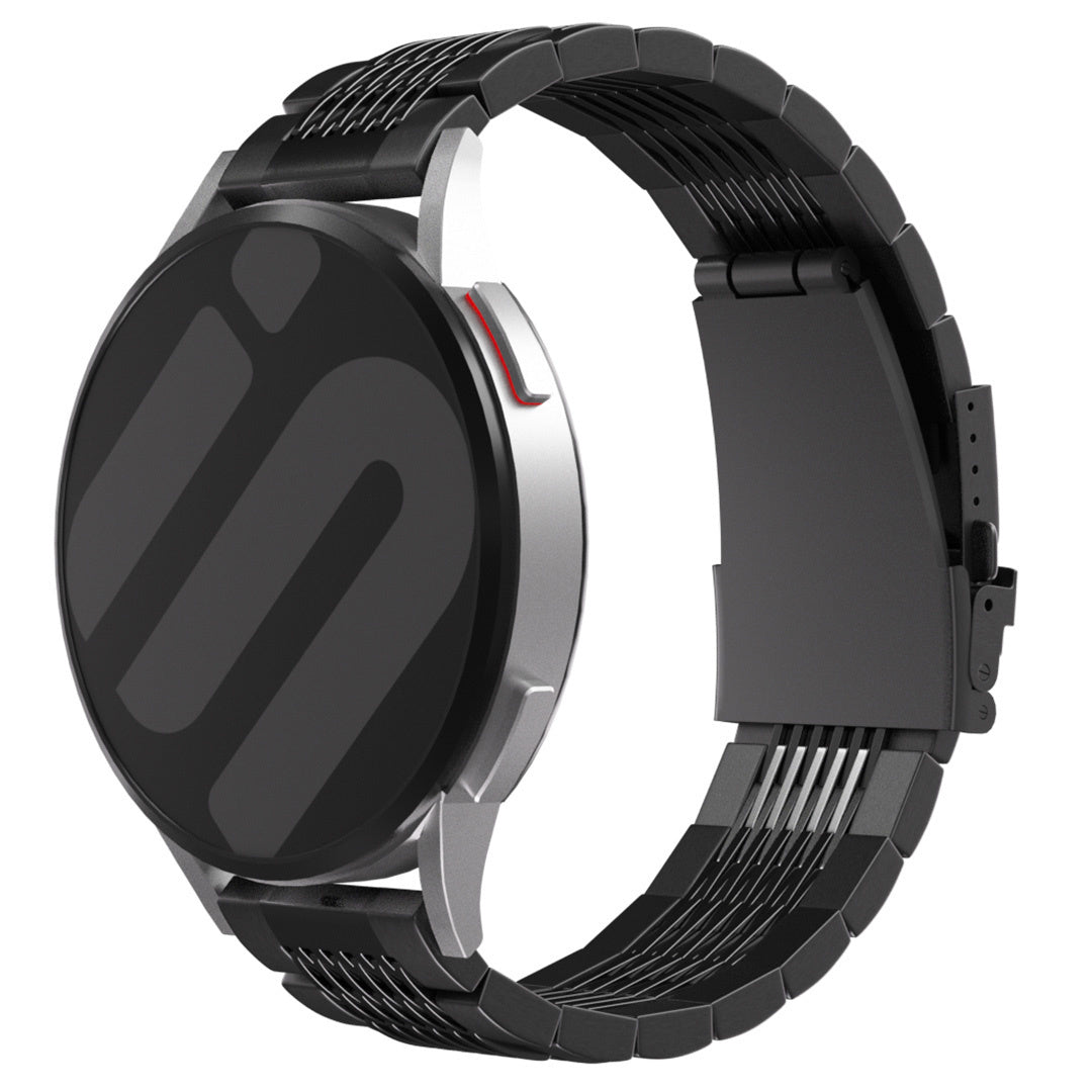Luxury Steel Link Strap, black, on a watch, 3/4 front view