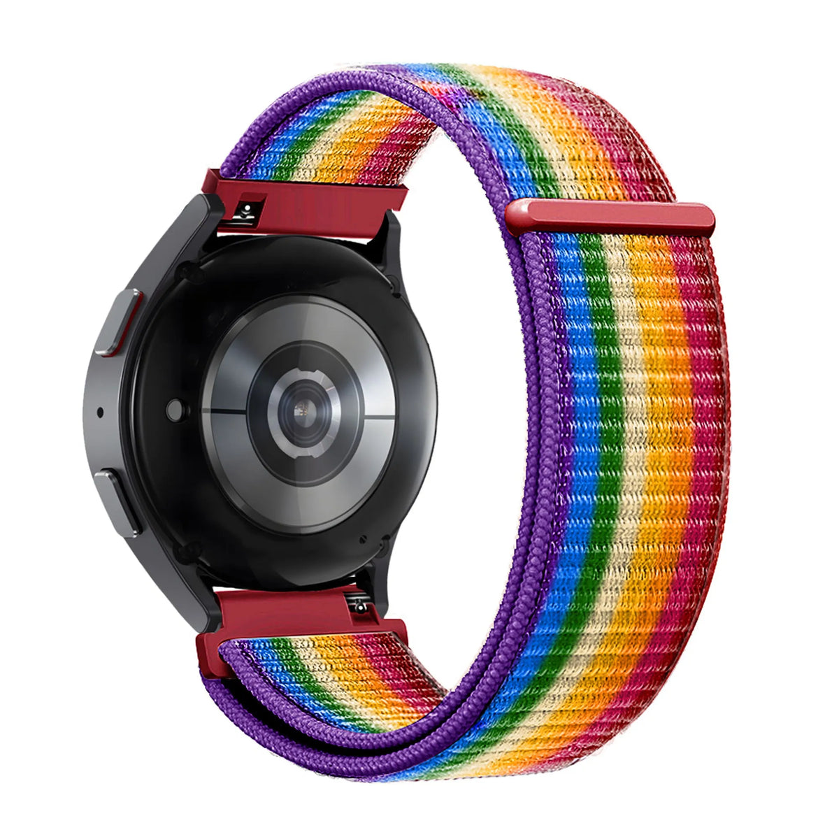 Nylon Loop Strap, rainbow, on a watch, 3/4 rear view