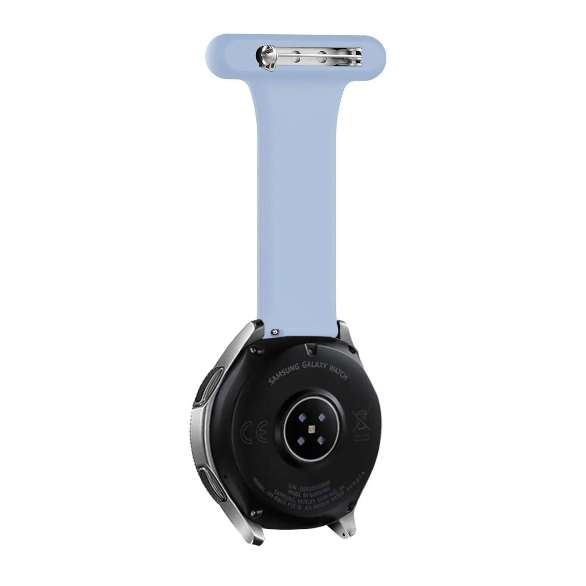 Silicone Nurse Fob, light blue, on a watch, 3/4 rear view