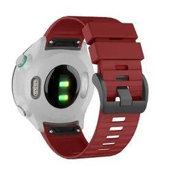 Buckled Silicone Strap, red, on a watch, 3/4 rear view