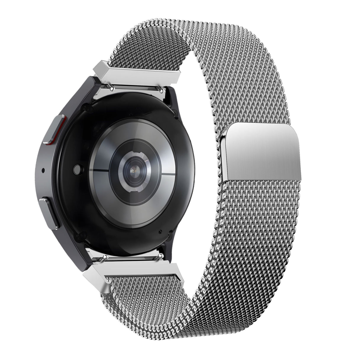 Milanese Loop Strap, silver, on a watch, 3/4 rear view