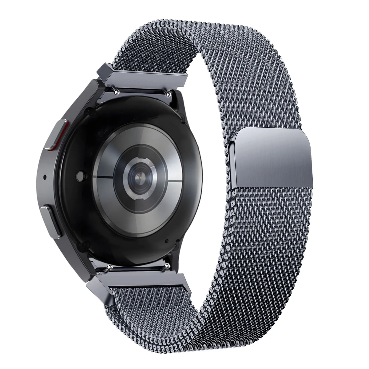 Milanese Loop Strap, grey, on a watch, 3/4 rear view