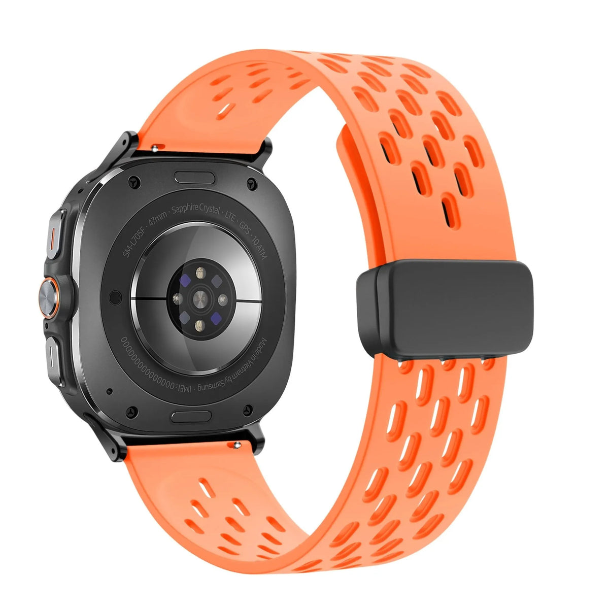 Silicone D-Buckle Sport Strap 'Air', orange, on a watch, 3/4 rear view