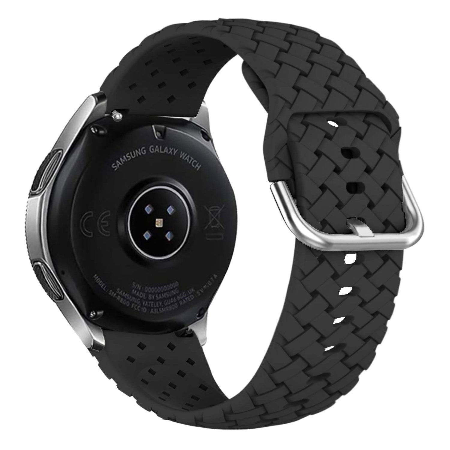 Braided Silicone Strap, black, on a watch, 3/4 rear view