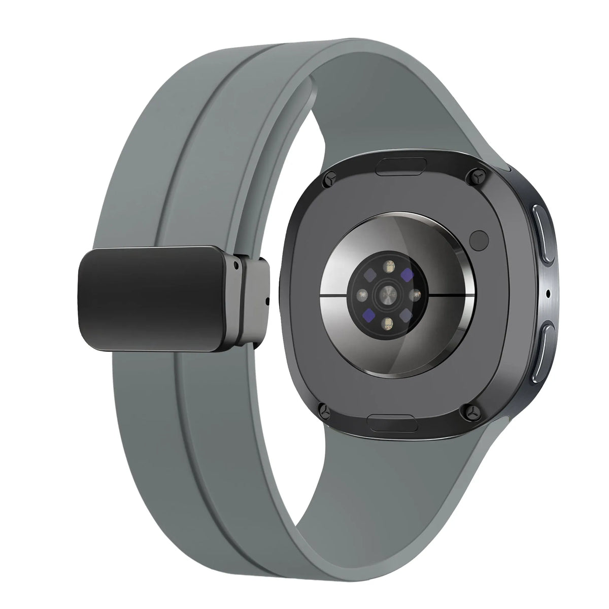 D-Buckle Silicone Strap, dark grey, on a watch, 3/4 rear view