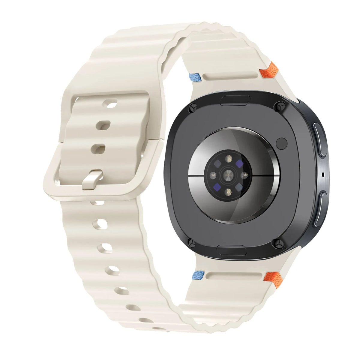 Wave Silicone Strap, starlight, on a watch, 3/4 rear view