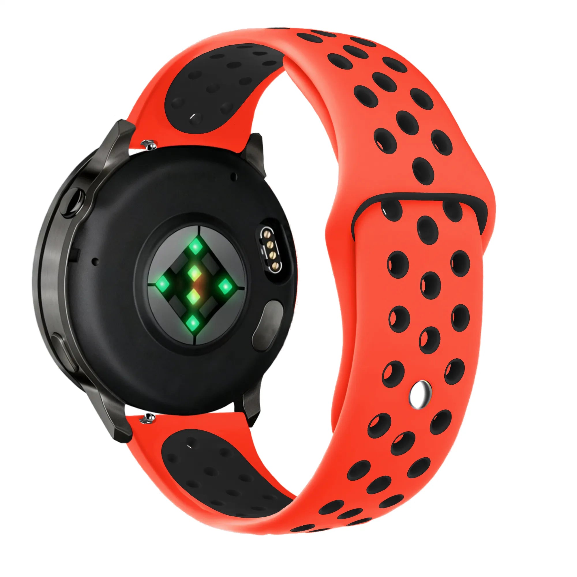 Silicone Sport Strap 'Deluxe', red/black, on a watch, 3/4 rear view