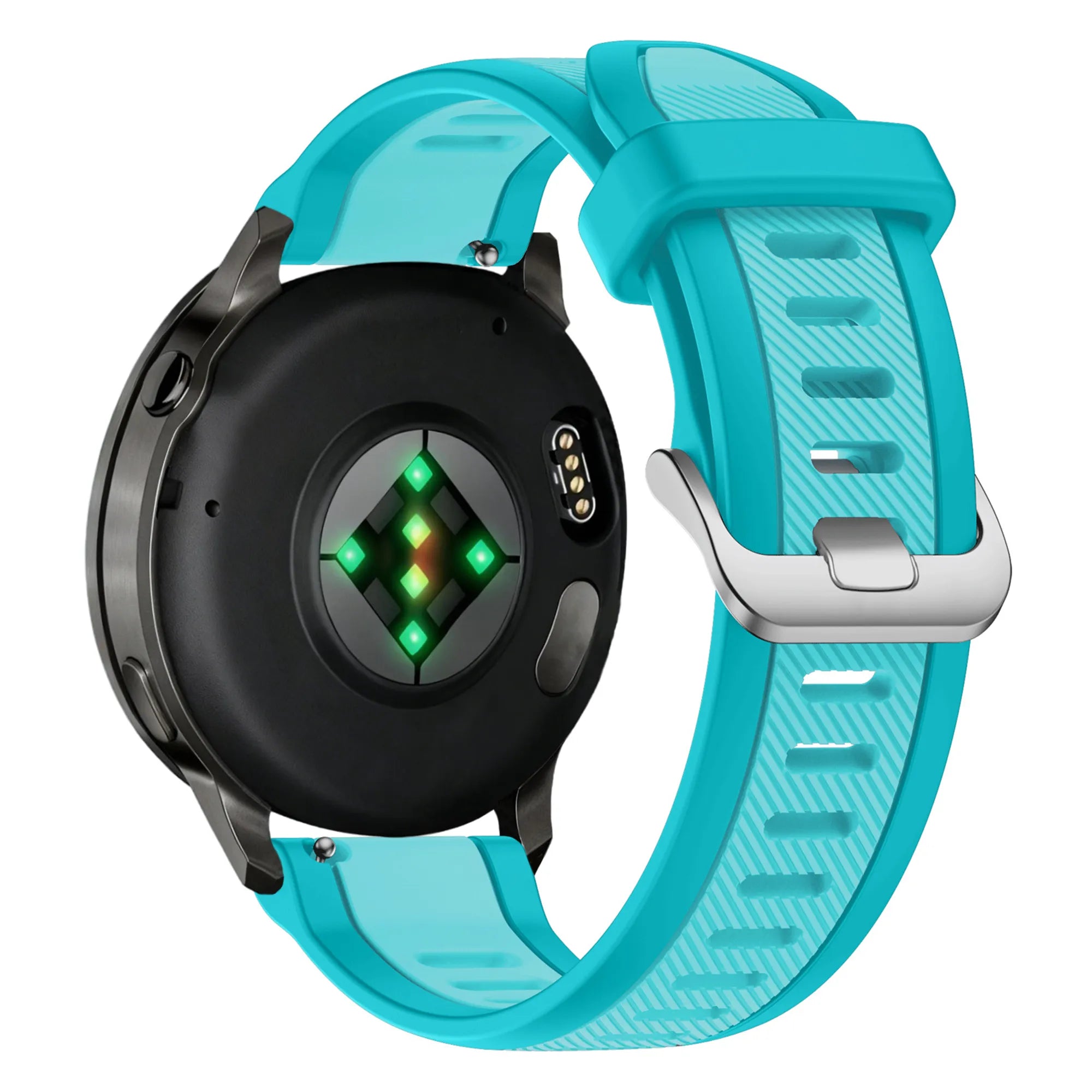 Silicone Dual Buckled Sport Strap, aqua, on a watch, 3/4 rear view