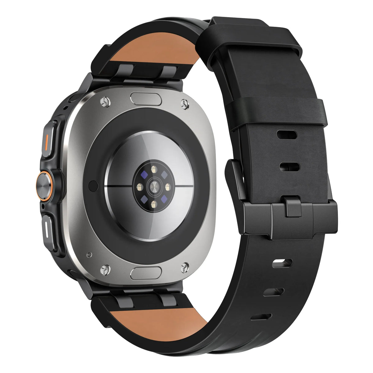 Solid Leather Strap, black, on a watch, 3/4 rear view
