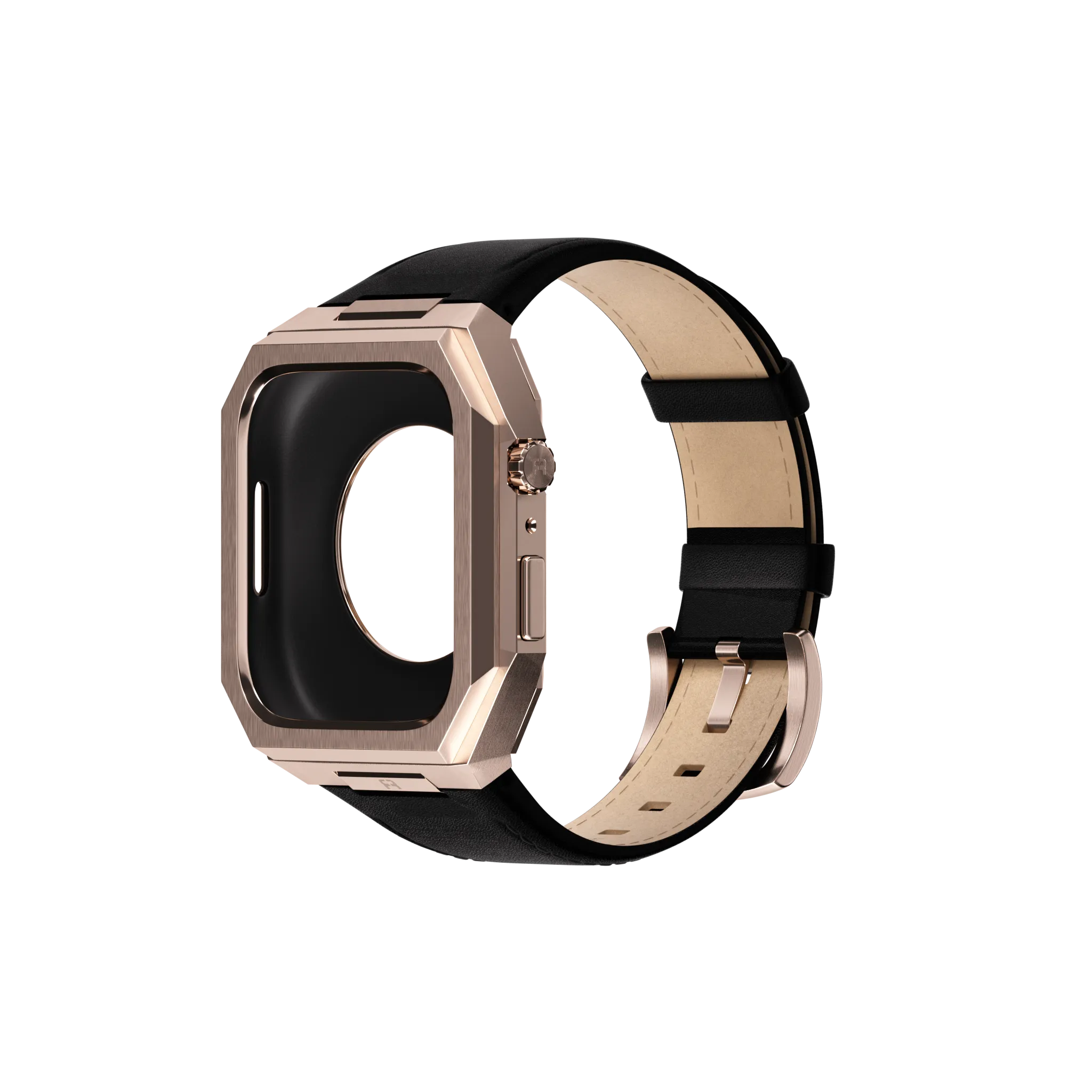 Reqior Apple Watch 45mm Metal Hülle mit integriertem Lederarmband (Roségold/Schwarz)