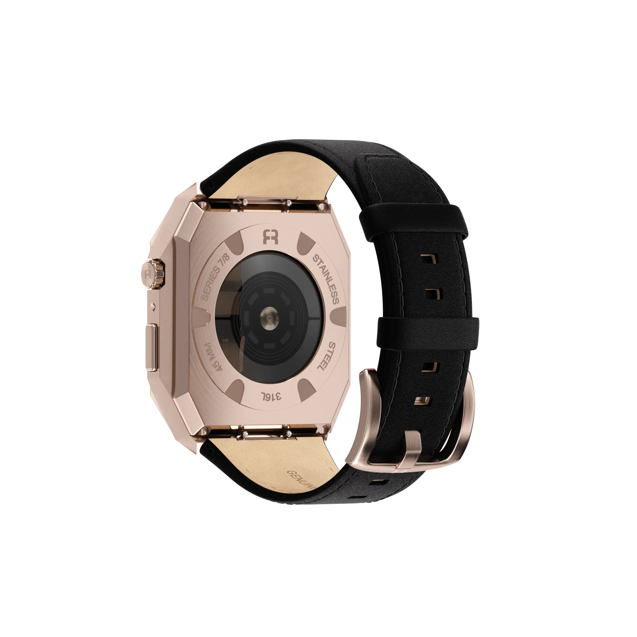 Reqior Apple Watch 45mm Metal Hülle mit integriertem Lederarmband (Roségold/Schwarz)