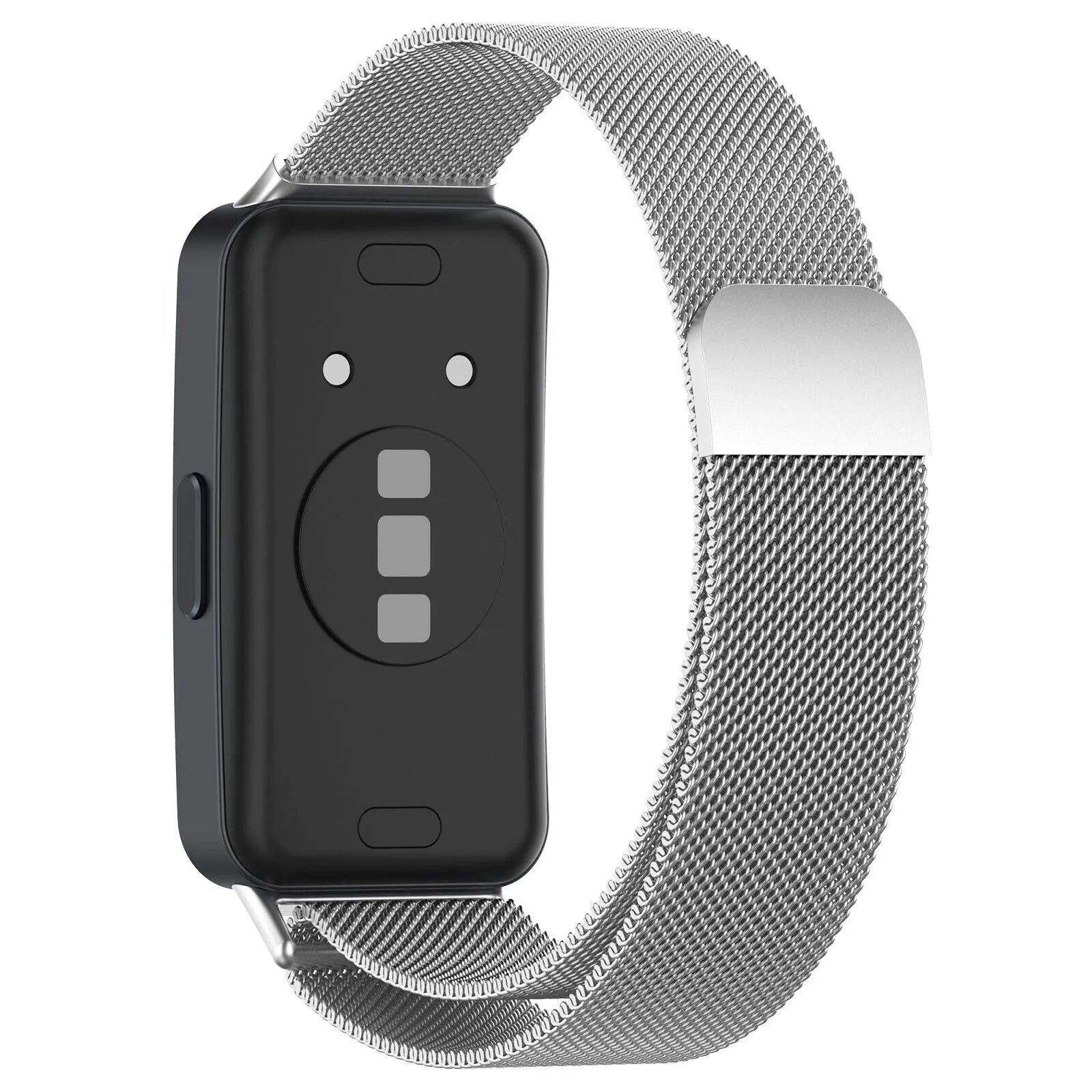 Milanese Strap, silver, on a watch, 3/4 rear view