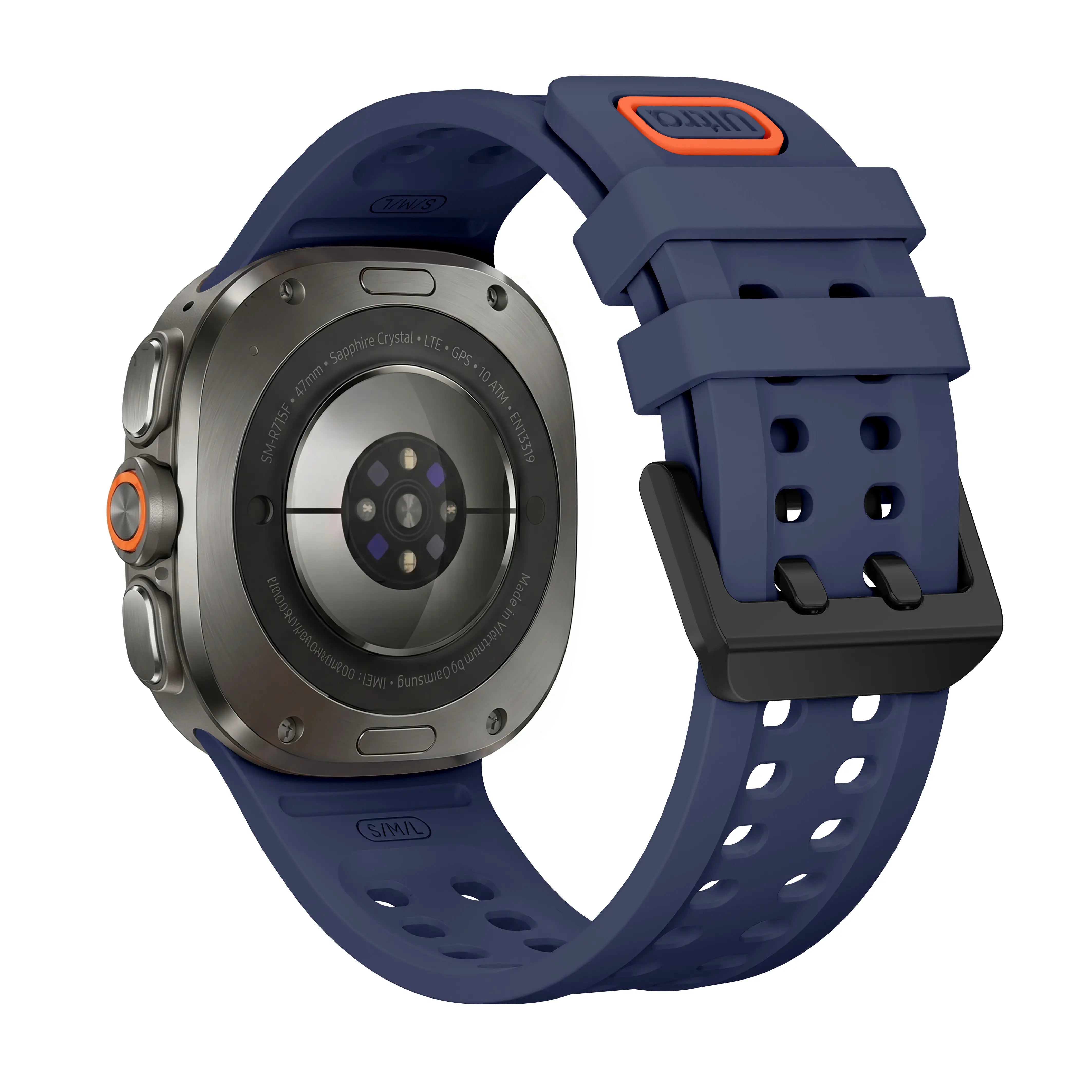 Silicone Strap, dark blue, on a watch, 3/4 rear view