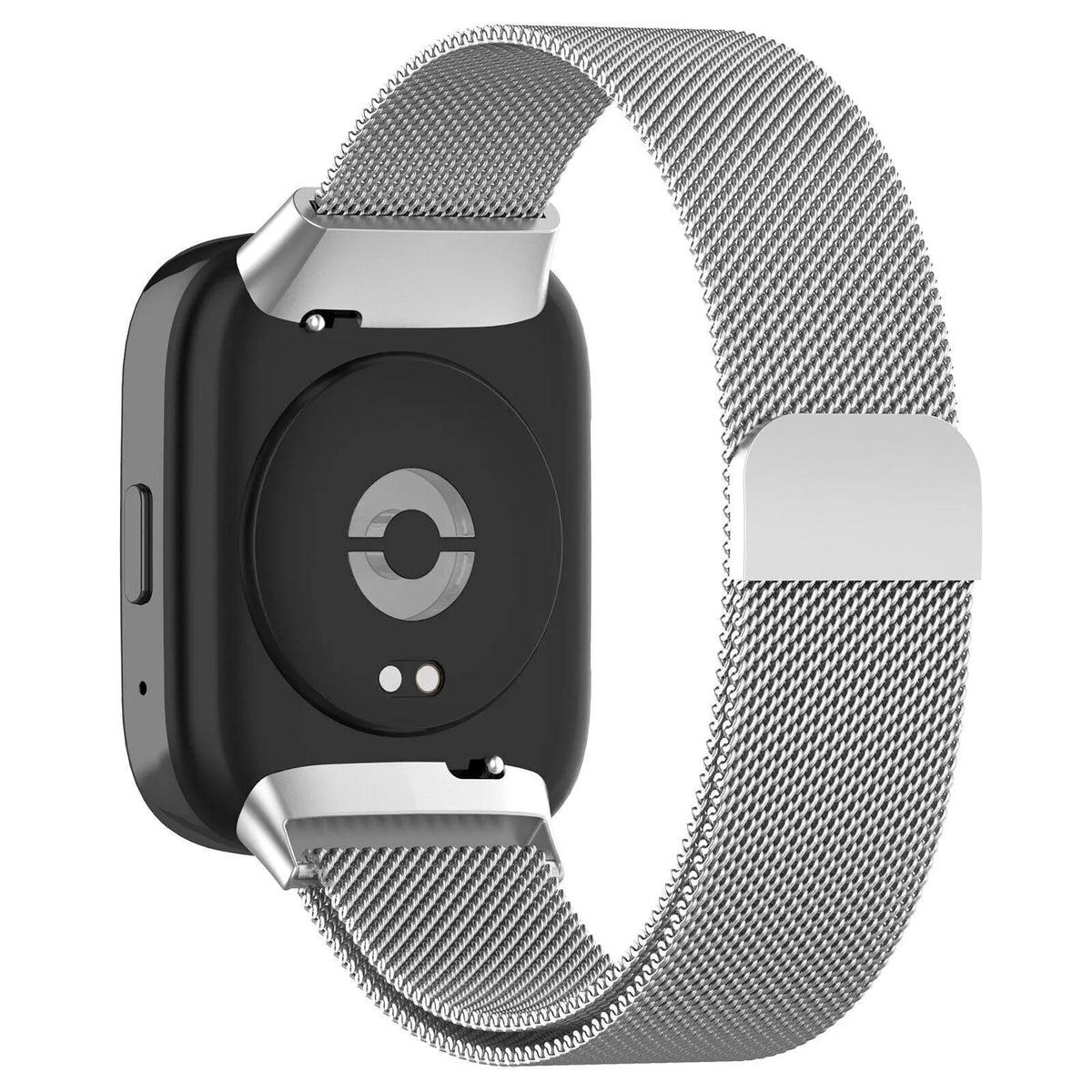 Milanese Strap, silver, on a watch, 3/4 rear view