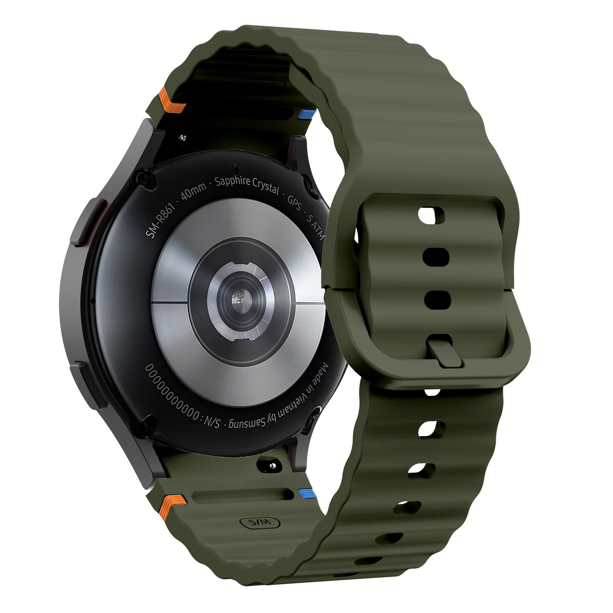 Wave Silicone Strap, army green, on a watch, 3/4 rear view