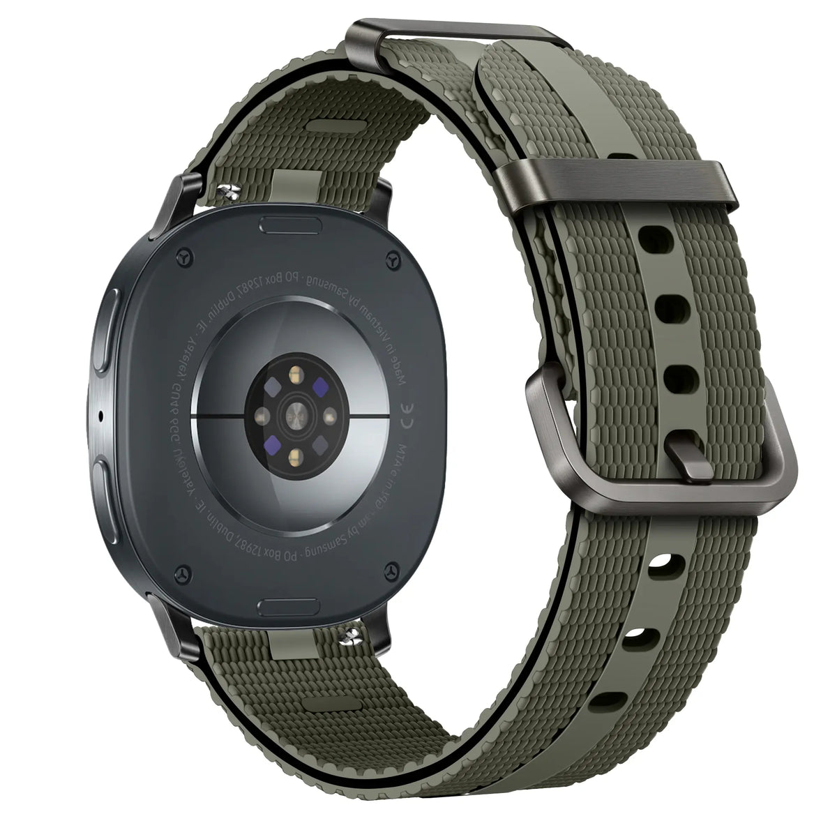 Silicone Active Strap, army green, on a watch, 3/4 rear view