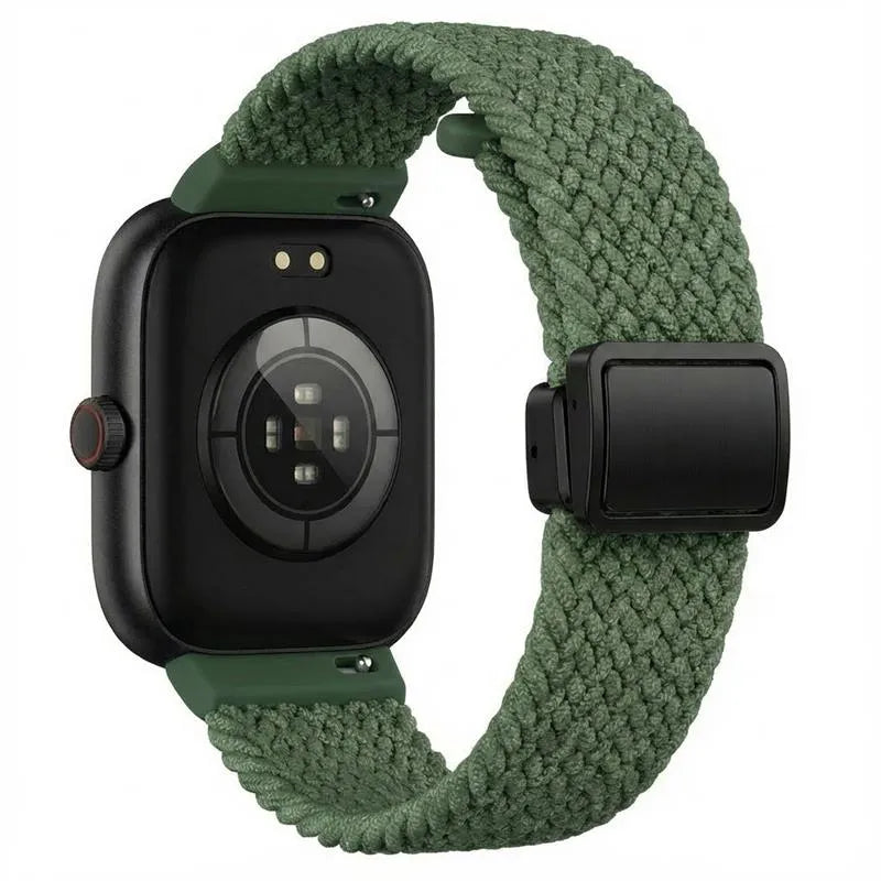 Nylon Braided Strap with D-Buckle, green, on a watch, 3/4 rear view